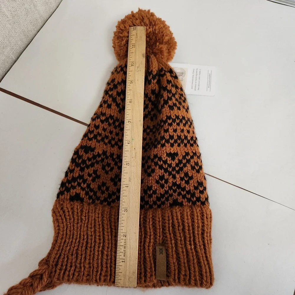 Krochet Kids Brown Black Fair Isle Crochet Knit Beanie Hat with Pom Pom & Tassel